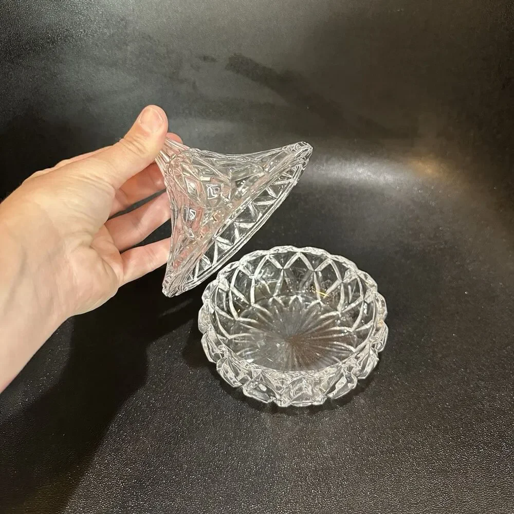 Clear Glass Geometric Cut Glass Bowl with Lid Hersey Kiss Crystal Fairy Garden